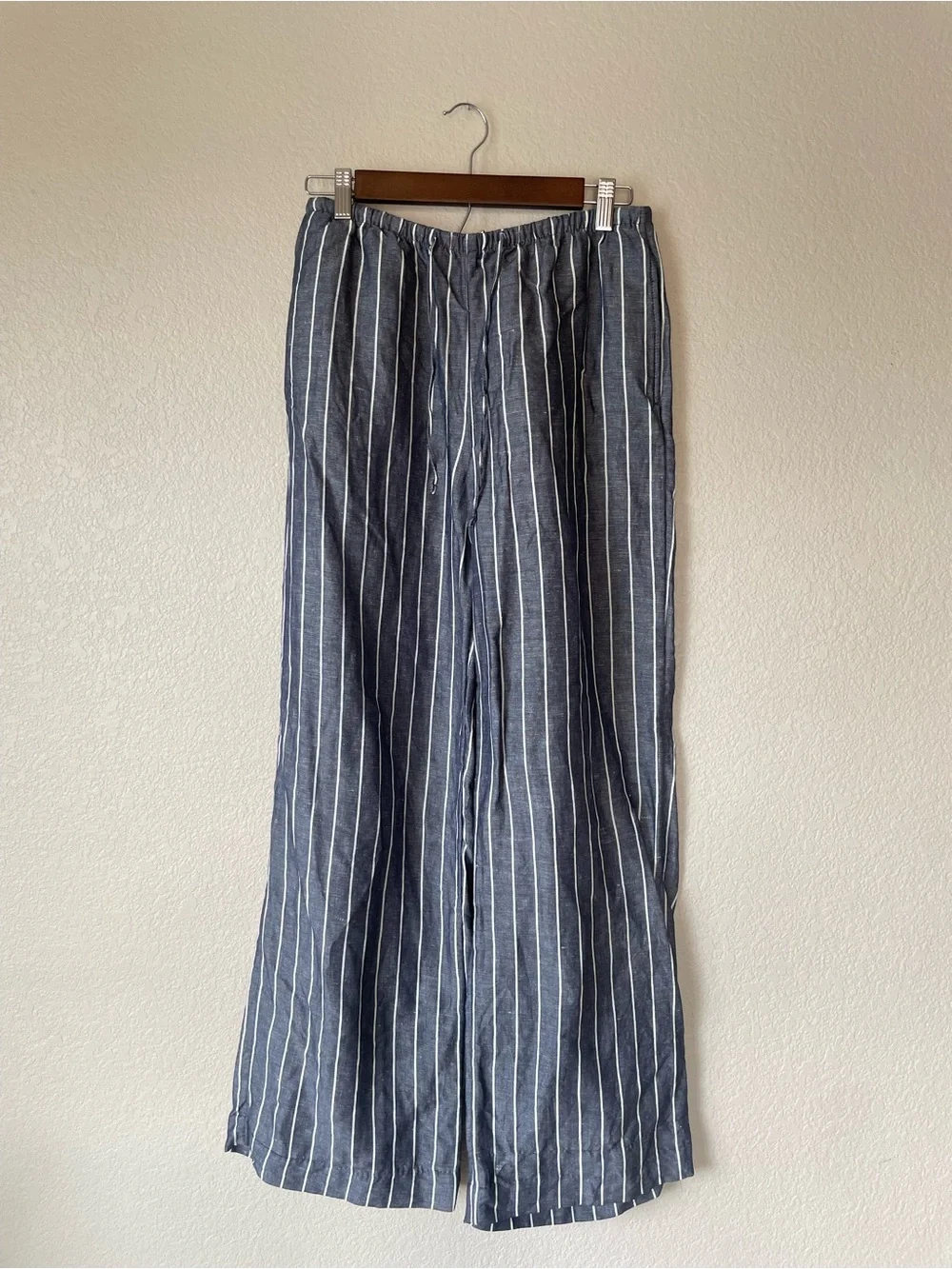 H&M Small Linen Blend Chambray Blue White Stripe Wide Leg Drawstring Pants